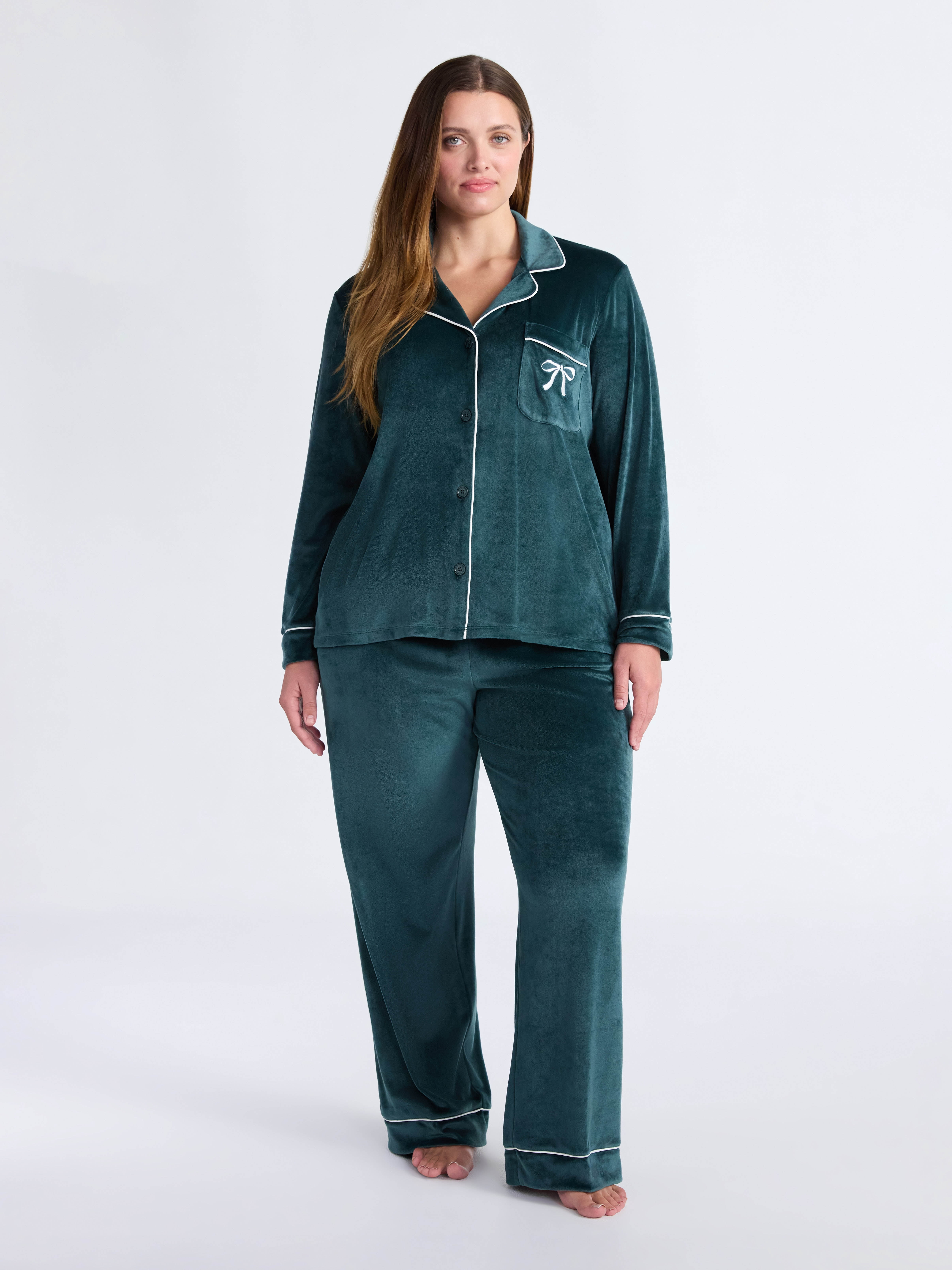 Joyspun Women’s Stretch Velour Notch Collar Long Sleeve Pajama Set, Sizes XS to 4X