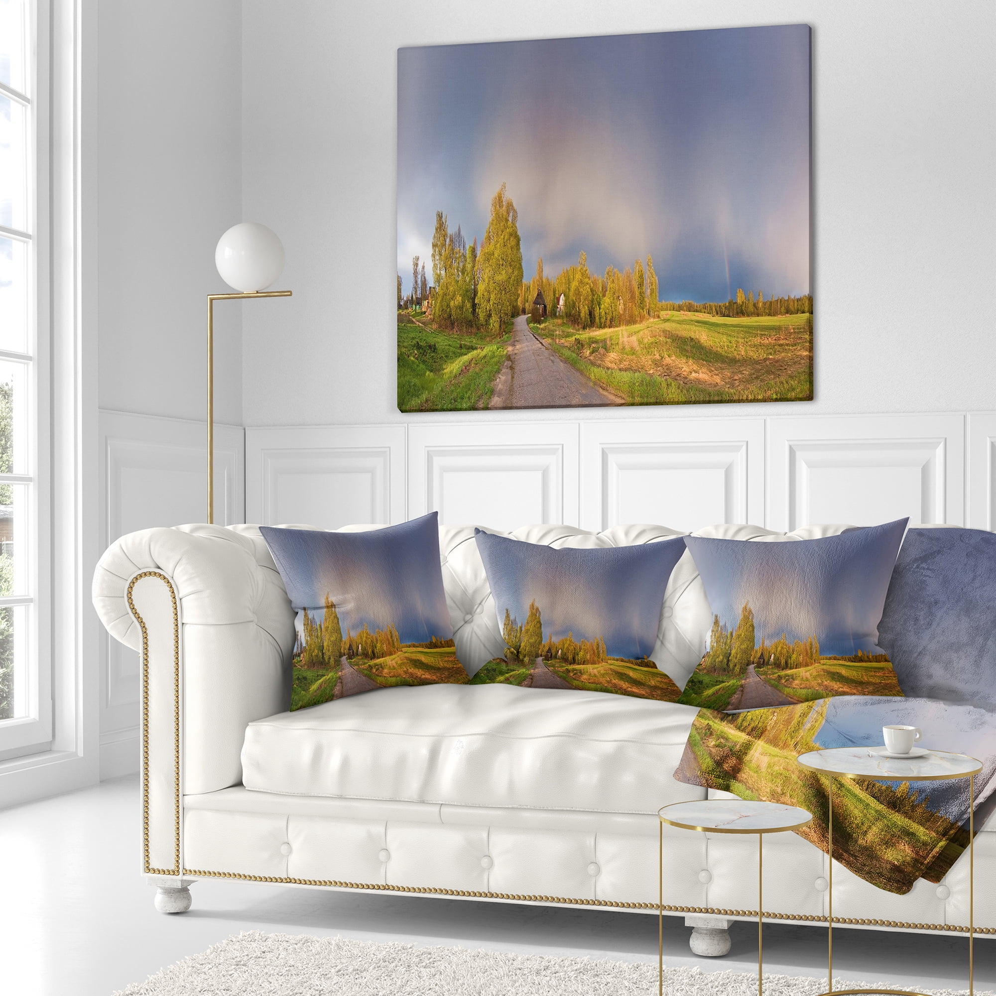 Designart Green Field Under Rainbow Sky - Landscape Photography Throw Pillow - 16x16