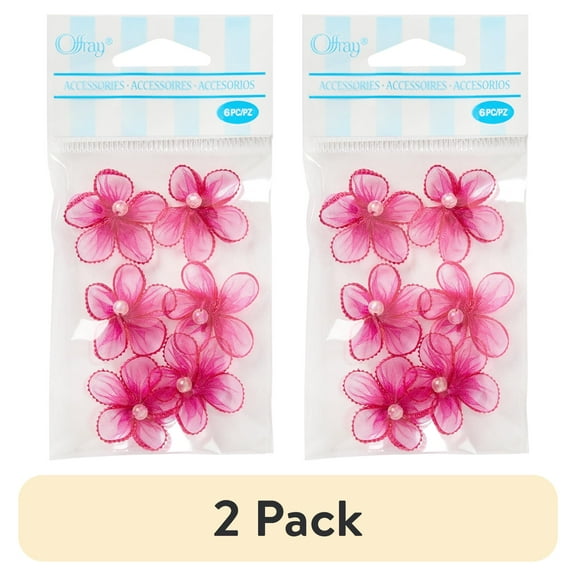 (2 pack) Offray Accessories, Hot Pink 3/4 inch 5 Petal Sheer Flower with Pearl Accessory for Wedding, Hair Clips, and Scrapbooking, 6 count, 1 Package