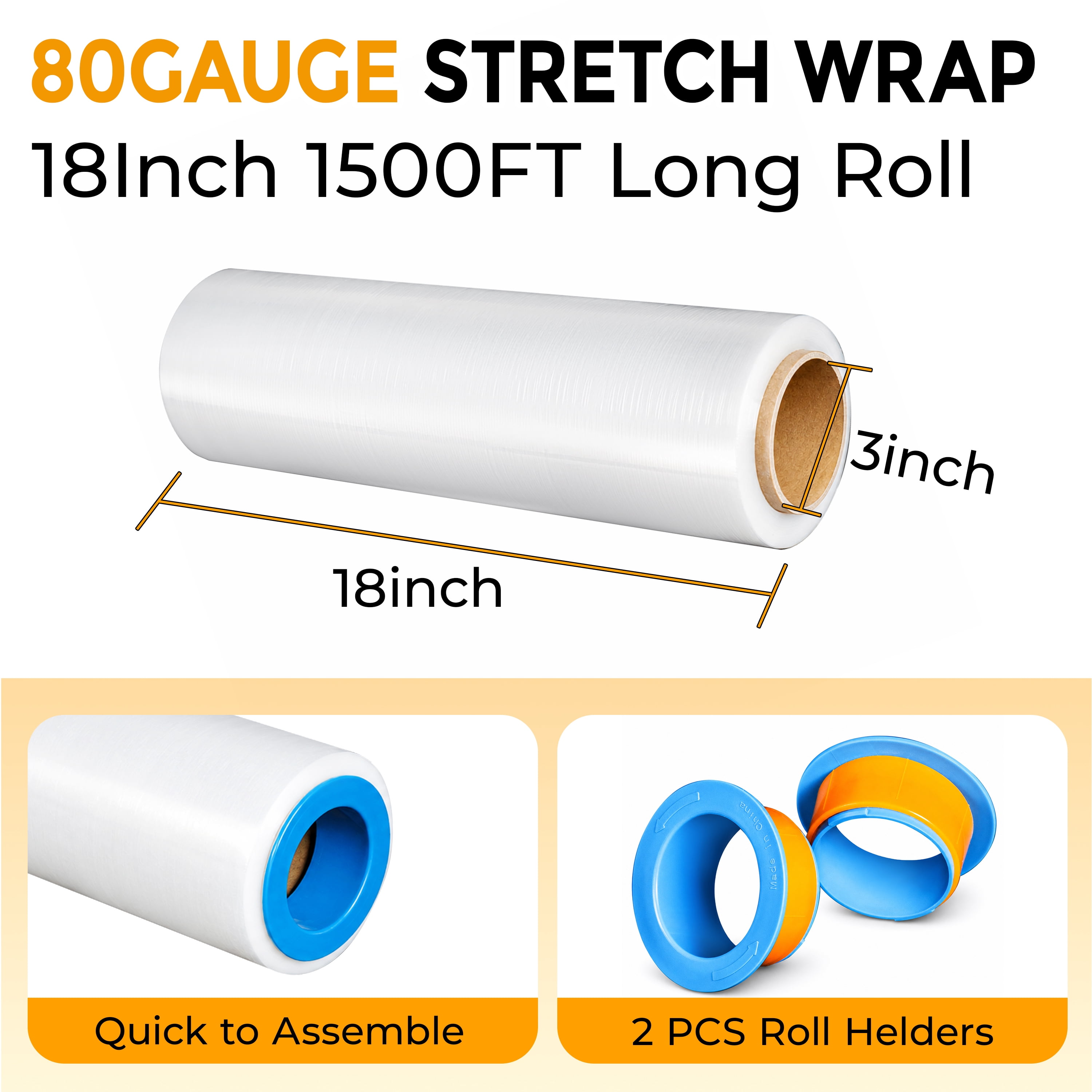 4 Pack Stretch Wrap Stretch Film Roll, 1500ft Industrial Strength 18 inch Wide Clear Plastic Wrap with Handles for Pallet Wrapping Shipping Moving, 80 Gauge