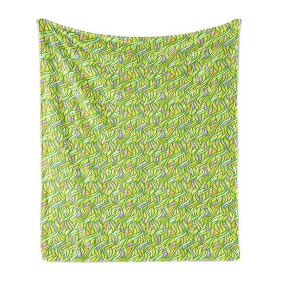 Abstract Soft Flannel Fleece Blanket, Leaf Inspired Wavy Stripes with Green Borders and White Circles Repeating Pattern, Cozy Plush for Indoor and Outdoor Use, 50" x 70", Multicolor, by Ambesonne