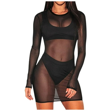 Yuhangmm Womens Sexy Sheer Mesh Dress Long Sleeve Cover Ups See Through Club Wears Pin up Lingerie Padded