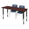 Regency 66 x 30 in. Kee Height Adjustable Classroom Table, Mahogany & 2 Andy 18 in. Stack Chairs - Navy Blue