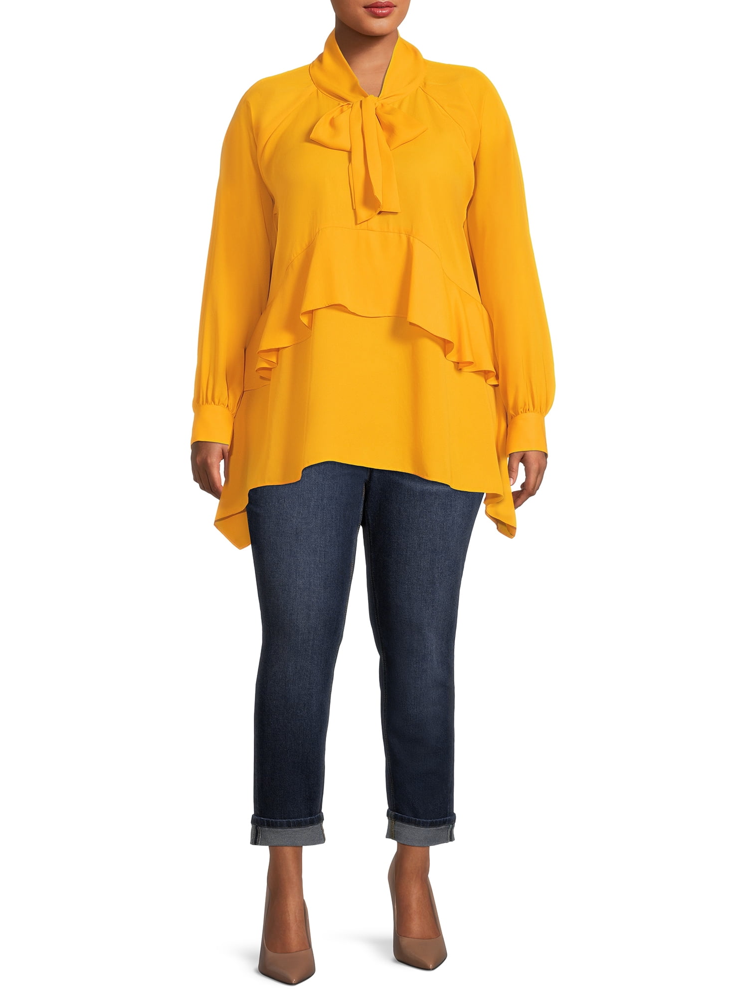 Dora Landa Women's Plus Size Button-Front Tie Neck Blouse