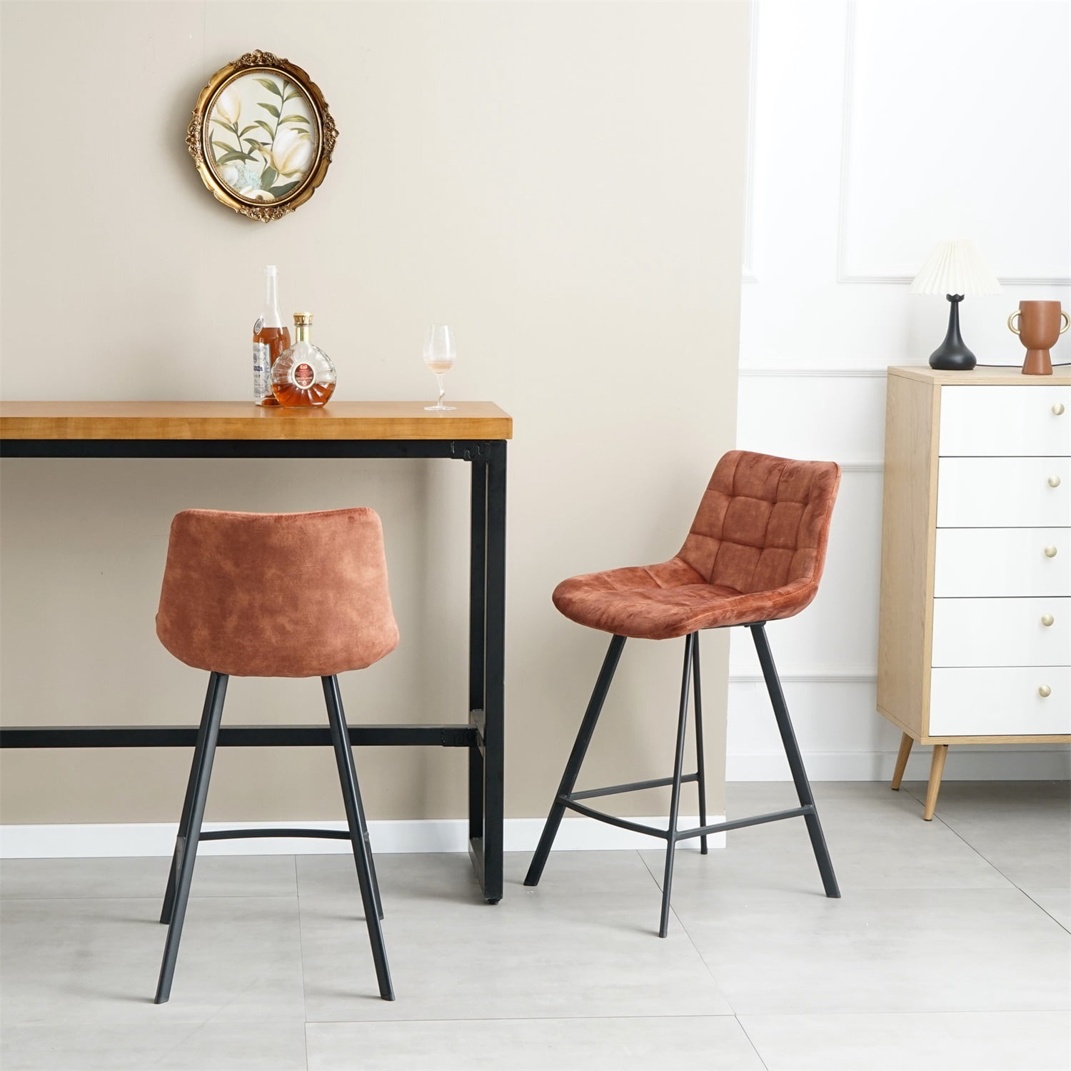 Kadyn Modern Iron High Counter Leisure Bar Chair, Comfortable Nordic Metal Bar Stool Set of 2, Metal Bar Chair for Kitchen Counter, Rustic Brown
