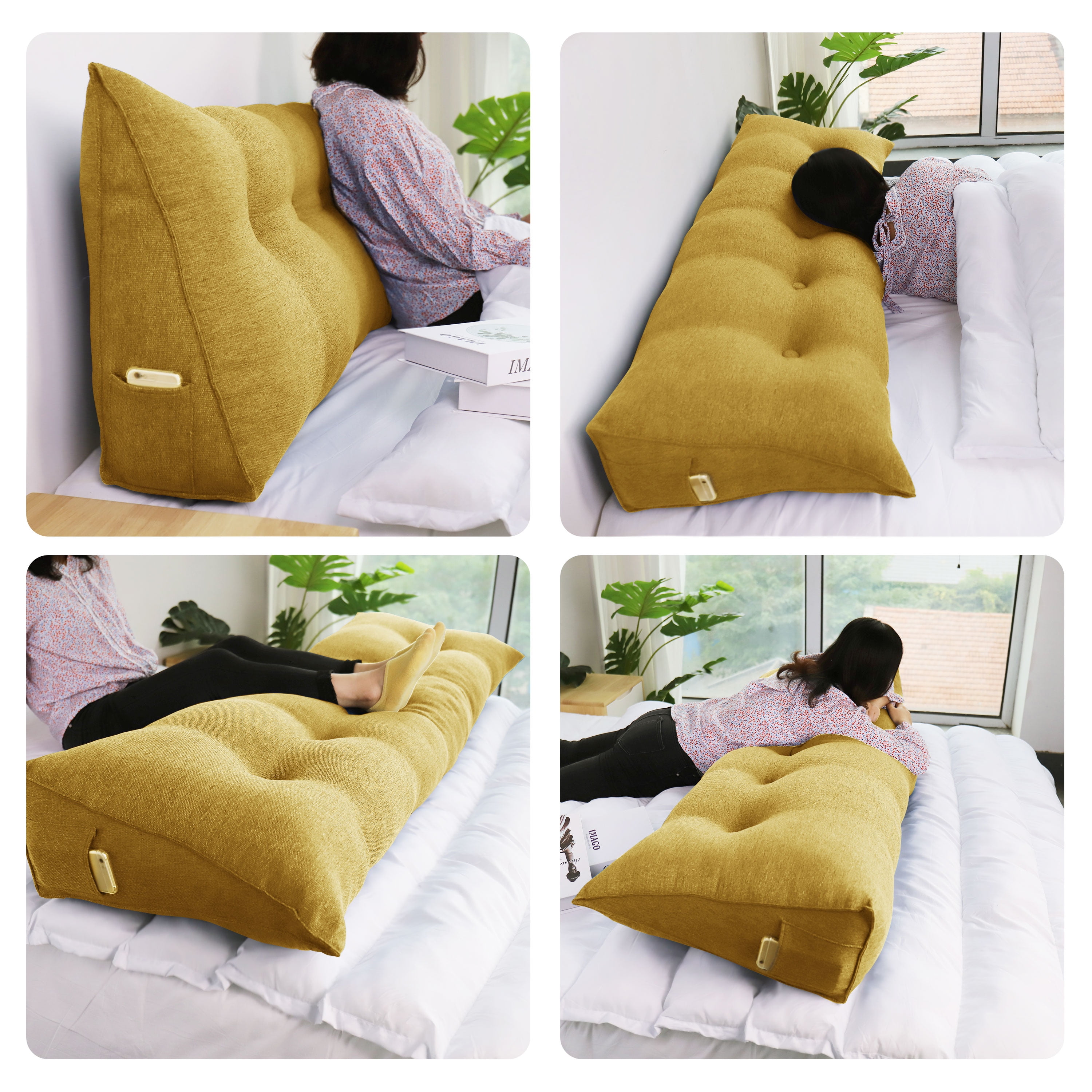 WOWMAX Sofa Daybed Triangular Wedge Cushion Backrest Positioning Support Reading Pillow with Removable Cover, Twin, Yellow