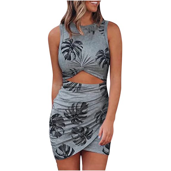IROINNID Women's Sleeveless Bodycon Dress Round Neckline Sexy Hollow Out Ladies Slim Vest Mini Dress Strapless Print Dress