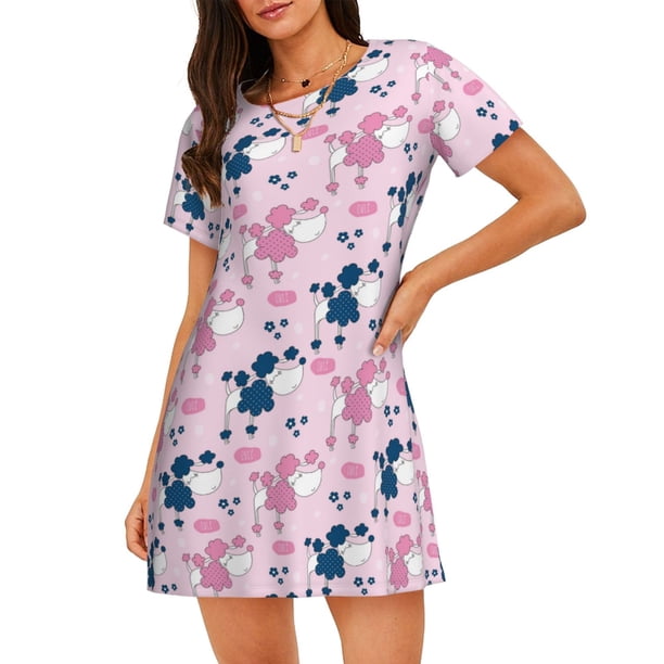 Balery Cartoon Poodle Dog Camisón de manga corta con cuello redondo para mujer, cómodo y elegante.