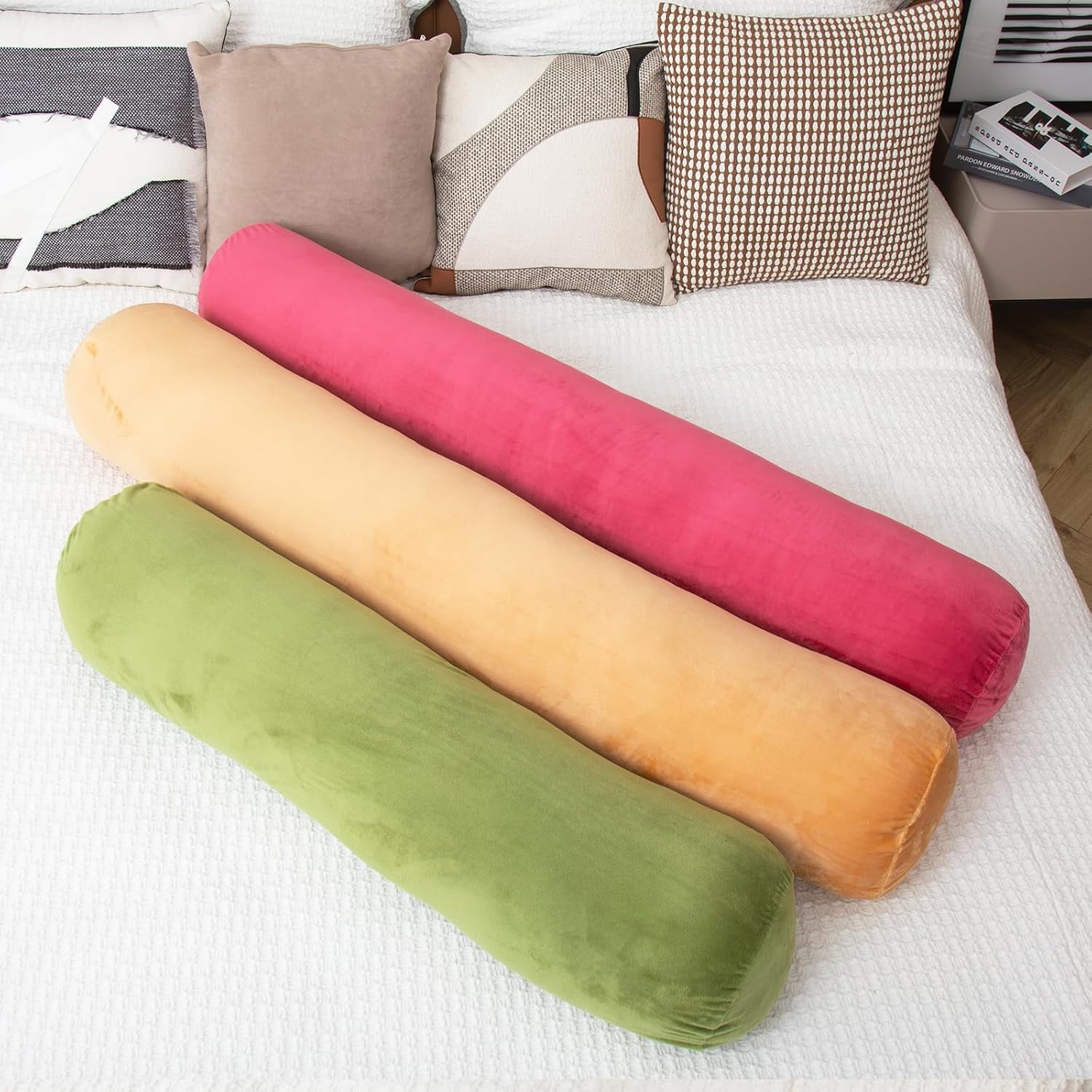Bolster Pillow for Bed, Long Round Body Pillow for Adults with Removable Velvet Cover, Decorative Tube Roll Cylinder Pillow,