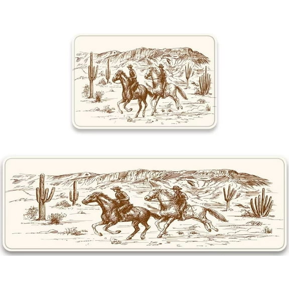 Kitchen Rug Set 2 Pieces Western Country Theme of American Wild West Desert Cowboy Comfort Mat Cushioned Chef Floor Mats Washable Doormat Anti Fatigue Non-Slip Kitchen Runner Rugs Bedroom Area Carpet
