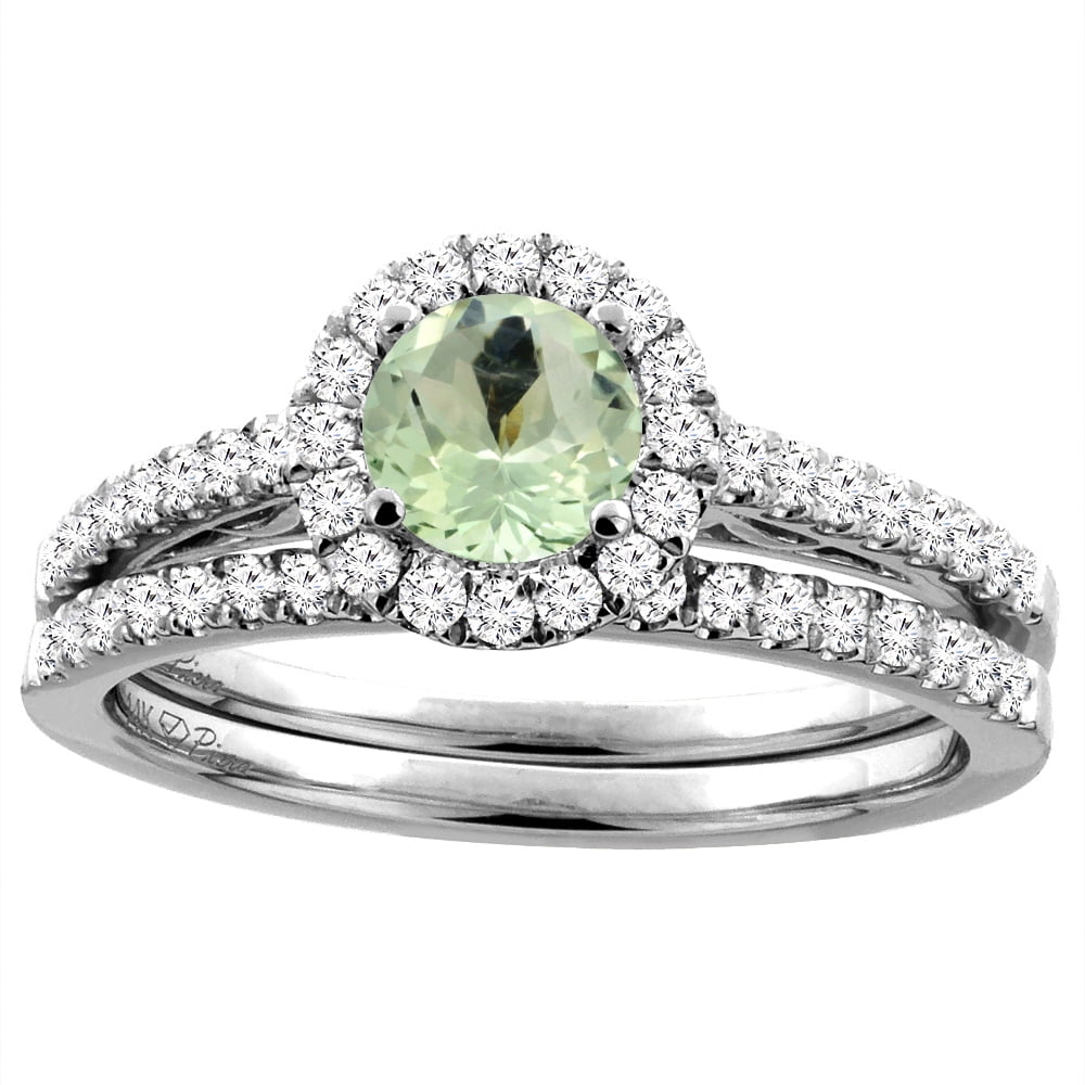 14K White Gold Diamond Natural Green Amethyst Halo Engagement Bridal Ring Set Round 6 mm, size 5 by Gabriella Gold