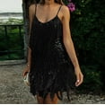 thumbnail image 4 of Fesfesfes Women Dress Suspender Crewneck Sequin Feather Sleeveless Solid Mini Dress Party Dress, 4 of 9