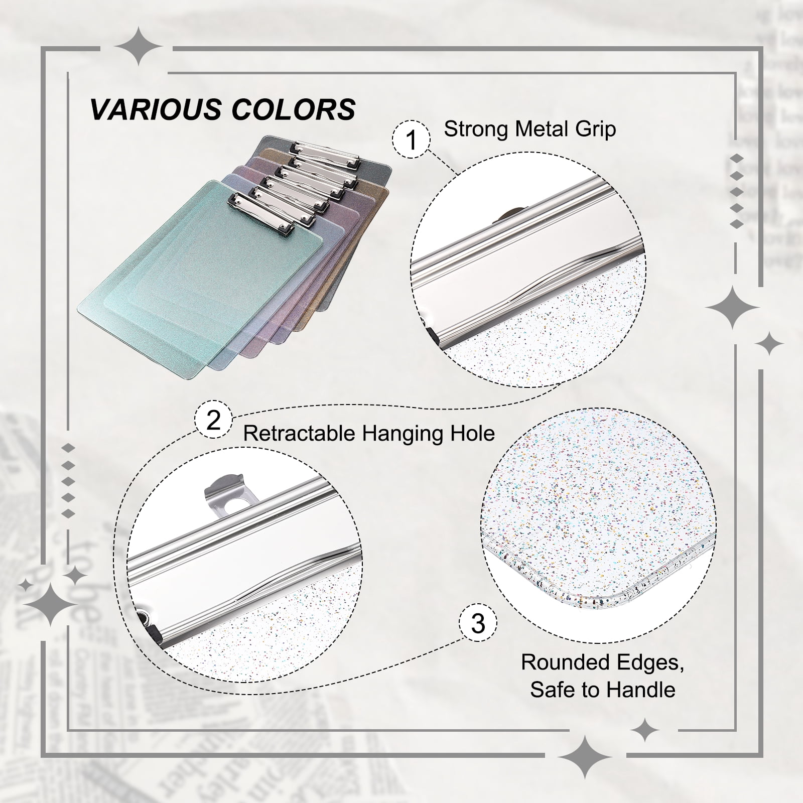 Uxcell Plastic Clip Boards, A4 Size Colorful Stylish Clip Boards Glitter Design Cute Clipboards Office Supplies for Restaurant Shop Store Note Memo Card Sign Holder