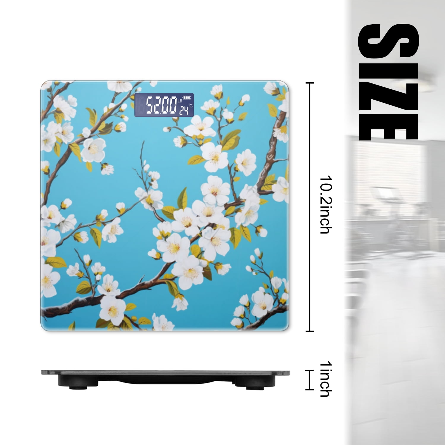 Bathroom Scale, Highly Accurate Digital Body Scale,Precisely Measures Weight up to 400 lbs-Hand-Painted White Flowers On Cherry Tree Branches