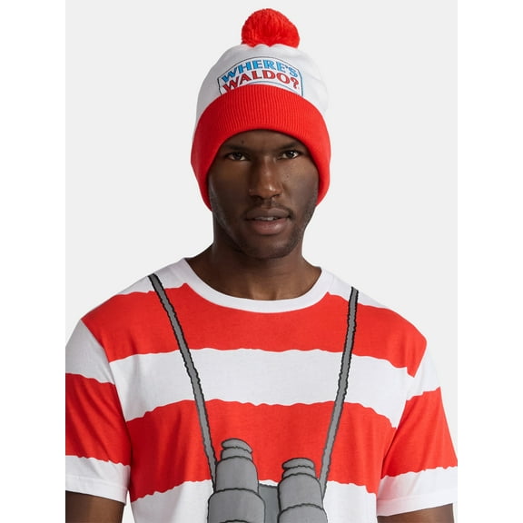 Where's Waldo, Men's & Big Men's Graphic Halloween Cosplay T-Shirt and Matching Character Beanie, Sizes XS-3XL