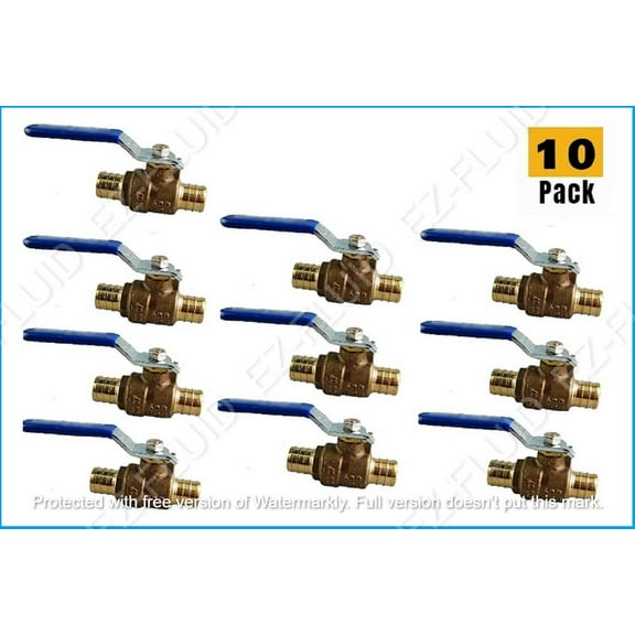 EZ-Fluid 1/2" Pex Brass Ball Valve Full Port Water Stop Shut Off,No Lead,Pex Fittings on Both End for Pex Tubing Barb Crimp Ring Type,Quarter Turn(10-Packs)