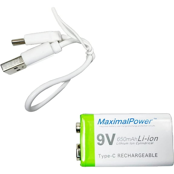 MaximalPower 9V Rechargeable Li-ion Battery 650mAh w/ USB Type-C Charging Cord | For Toys, Smoke Detectors, Guitar Pedals, Portable Radios, etc. (1 Pack)