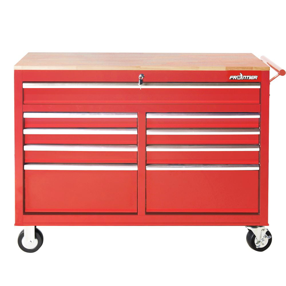 46 in. 9 Drawer Mobile Storage Cabinet with Solid Wood Top, Red