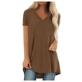 thumbnail image 3 of CFLVAEK Womens Long Tshirts Casual Short Sleeve Tshirt Loose Fitted V Neck Tunic Tops Solid Color Summer Going Out Pullover Tops Coffee XL, 3 of 6