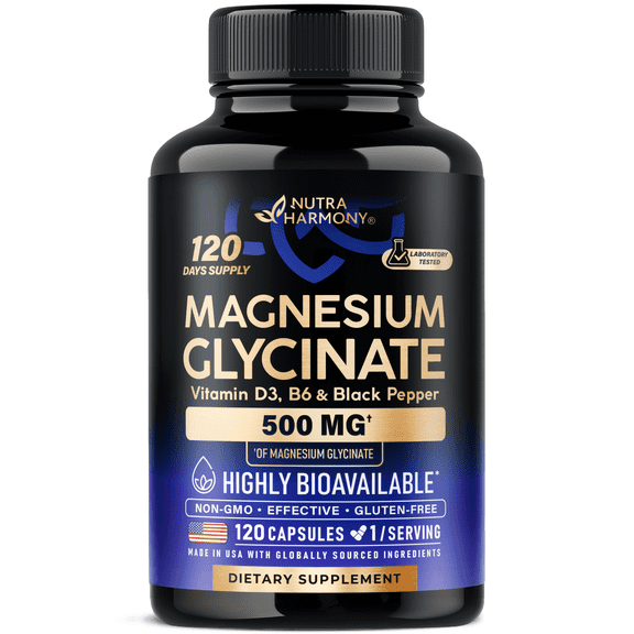 Magnesium Glycinate 500mg - Vit. B6 & D3 - Sleep, Muscle & Heart - 120 Caps