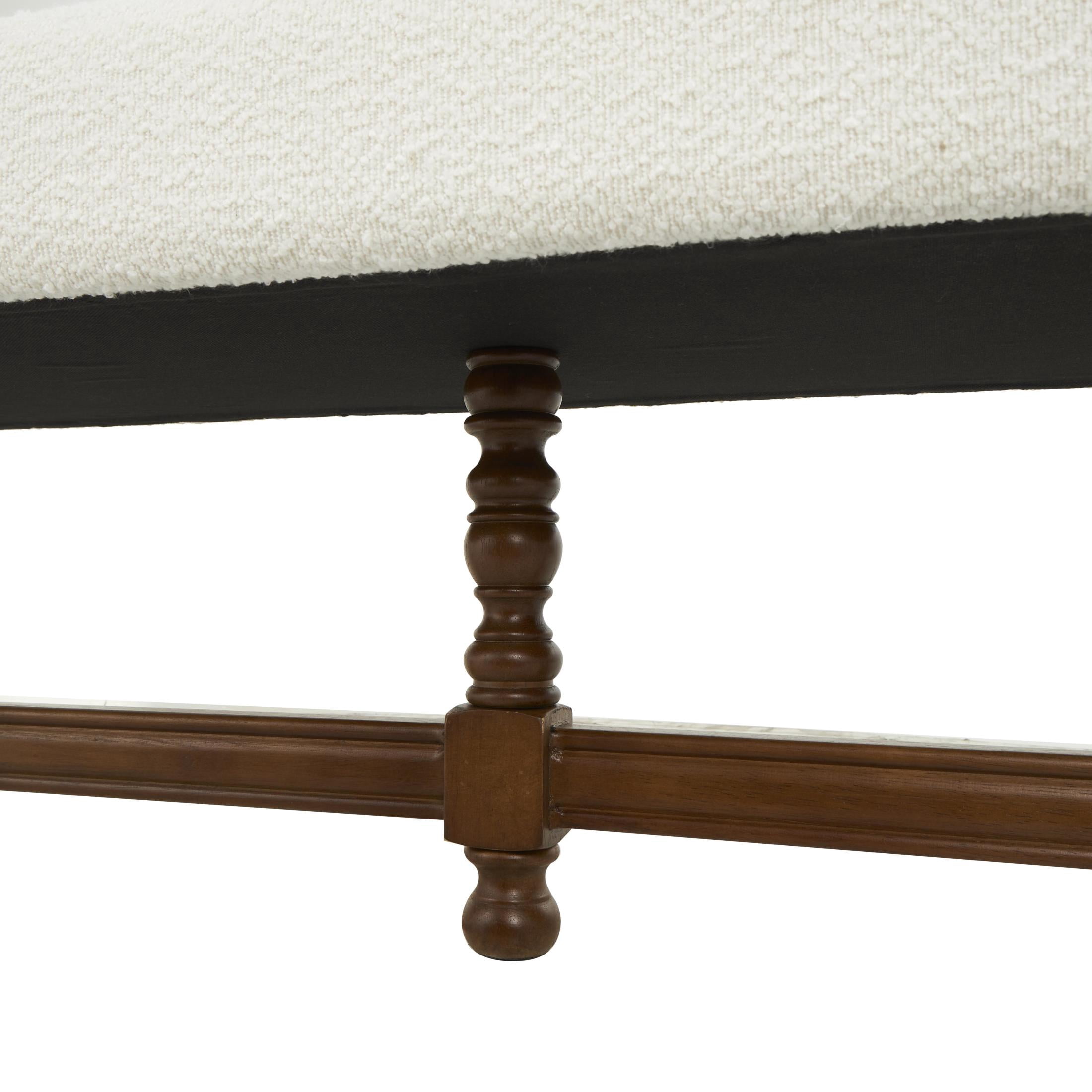 DecMode Fabric Bench with Brown Traditional Wood Turned Legs, Cream