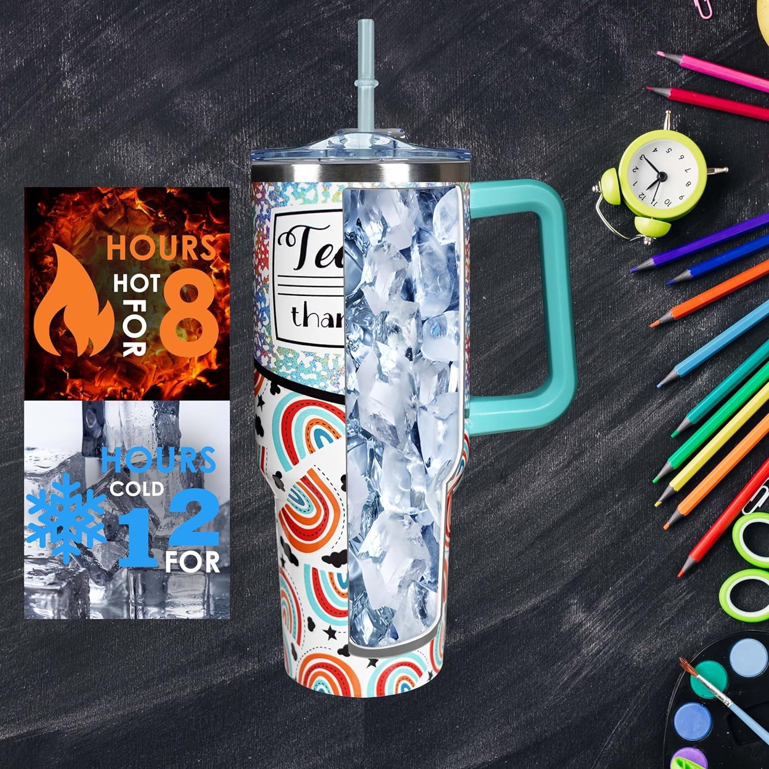 Teacher 40 oz Tumbler Appreciation Gifts for Women with Handle Insulated Stainless Steel Thank You Teacher Travel Coffee Mug with Lid and Straw Gifts