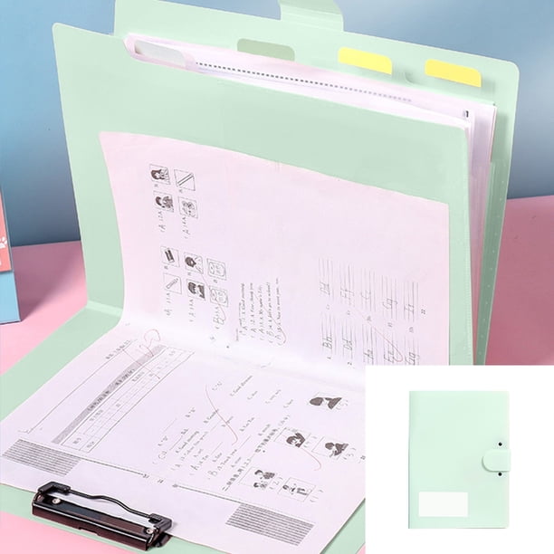 Organizador de documentos A4 de plástico colorido con cierre de hebilla, múltiples compartimentos transparentes, resistente al agua, opciones multicolor para uso en oficina y escuela.