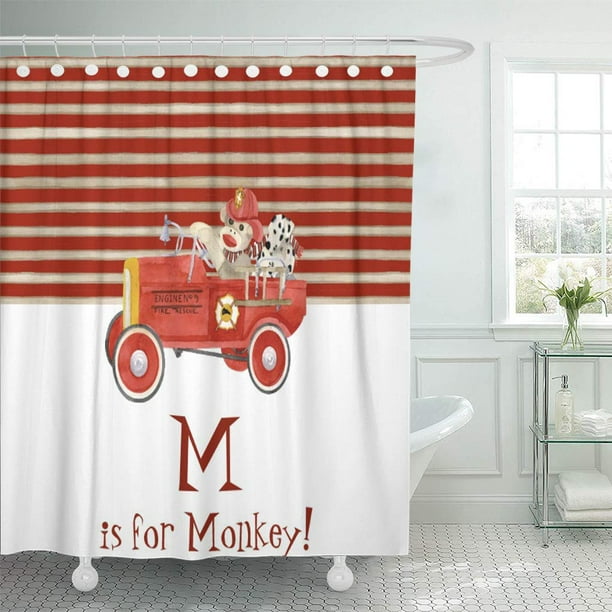 Atabie Red Retro Sock Monkey W Fire Engine Baby Boy Shower Curtain 66x72 Inch Com Atabie Red Retro Sock Monkey W Fire, Boy Shower Curtains