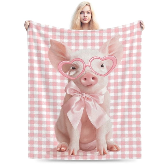 Preppy Pink Pig Throw Blanket, Bows & Gingham Artwork, Soft Flannel Fleece, Playful and Trendy Home Decor 50x40