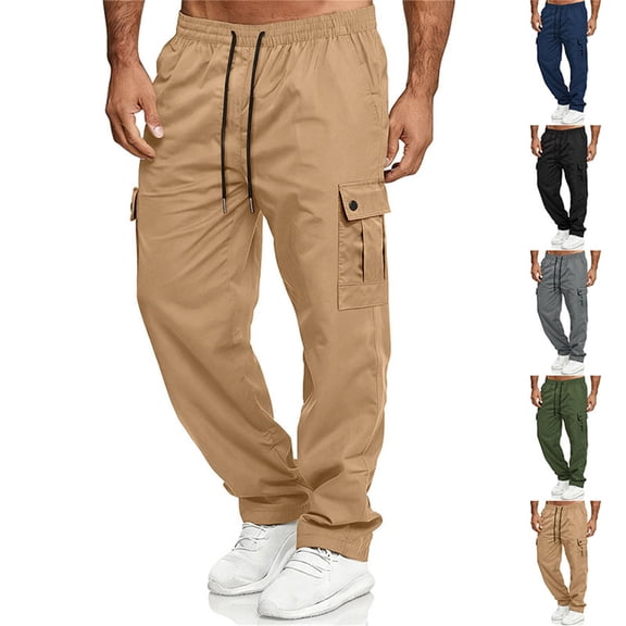 Men's Multi-Pocket Drawstring Work Pants, Fashion Casual Elastic Waist Cargo Trousers for Outdoor and Hiking,Army Green,L