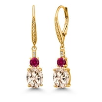 Gem Stone King 18K Yellow Gold Plated Silver Morganite Peach and Red Created Ruby Dangle Earrings for Women with Lab Grown Diamond (3.73 Cttw, Oval 9X7MM)