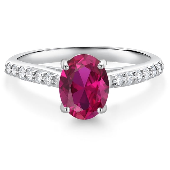 Gem Stone King 10K White Gold Red Created Ruby and White Lab Grown Diamond Engagement Ring for Women (1.53 Cttw, Oval 8X6MM, Gemstone July Birthstone, Size 8)
