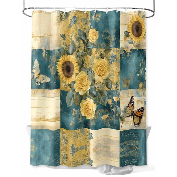 Boanket Polyester Fabric Spring Yellow Floral Shower Curtain, Butterfly Teal Plaid Vintage Country Waterproof Bathtub Curtain Bathroom Decor Set with Hooks 72 x 72 Inches,