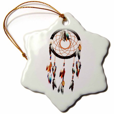 Native Americans Feathers - 3dRose Native American inspired Dream Catcher design, colorful feathers and beads., Snowflake Ornament, Porcelain, 3-inch