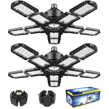 2-Pack Led Garage Light 180W, 36000LM Garage Lights Ceiling LED with E26/E27 Medium Base, 6000K Deformable LED Shop Lights with 10 1 Adjustable Panels for Garage, Workshop, Attic, Basemen