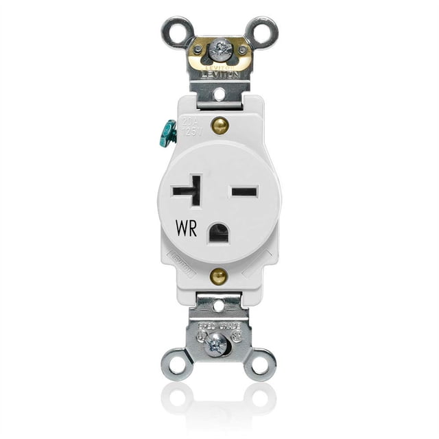 Leviton Tomacorriente de receptáculo único resistente a la intemperie 20 amperios 250 voltios Especificación industrial de servicio pesado Grado de cable posterior o lateral Conexión a tierra automáti