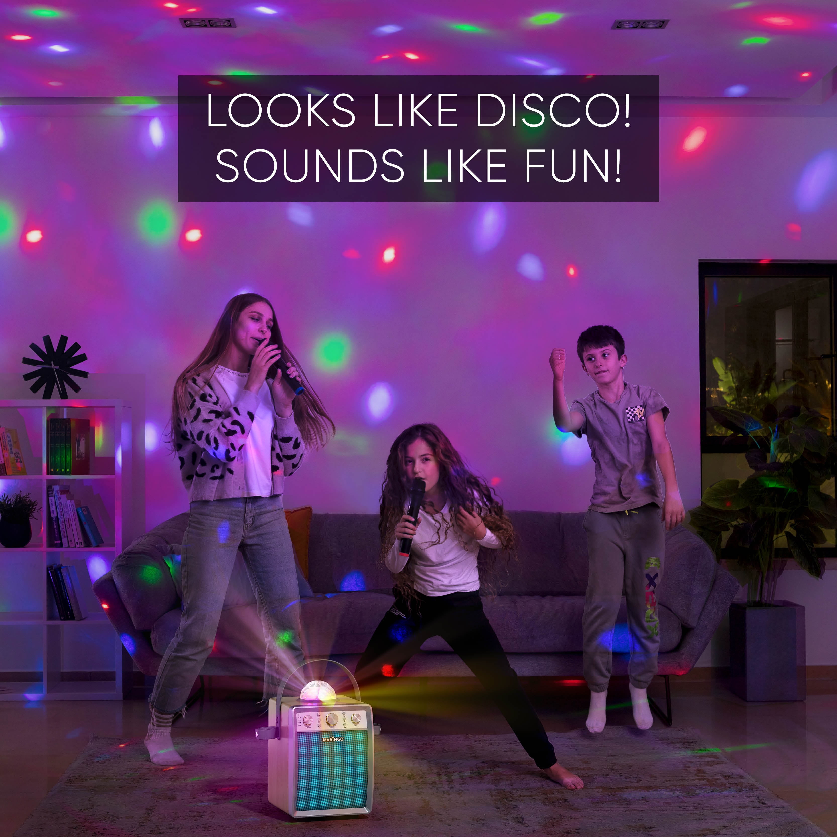 MASINGO Karaoke Machine for Adults and Kids with 2 Wireless Microphones, Portable Singing PA Speaker System Set with Disco Ball Party Lights & TV Cable, Ostinato M7