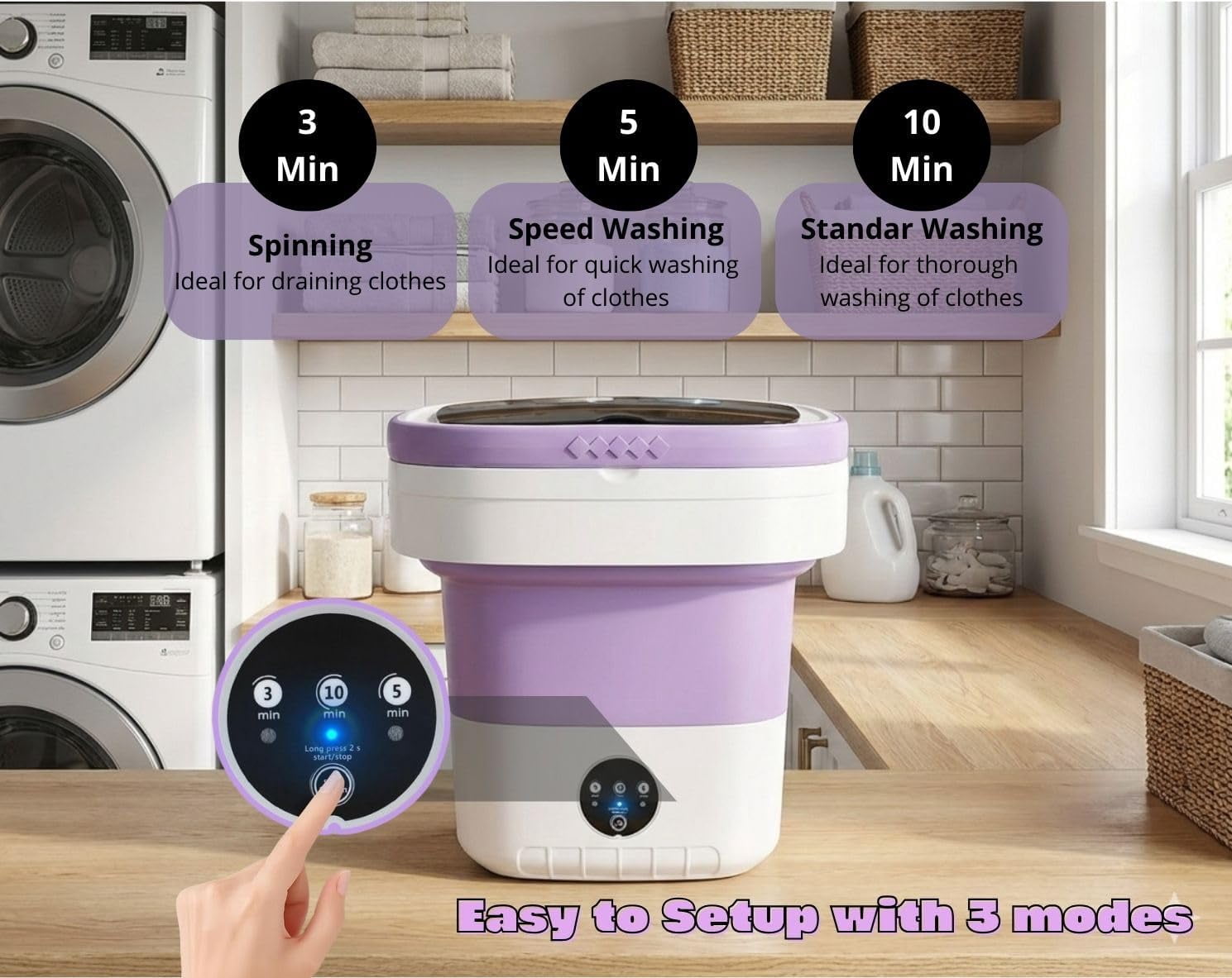 Portable Electric Foldable Mini Washing Machine 16L – Touch Digital Control for Baby Clothes, Underwear, Camping, RV – Spin Function –