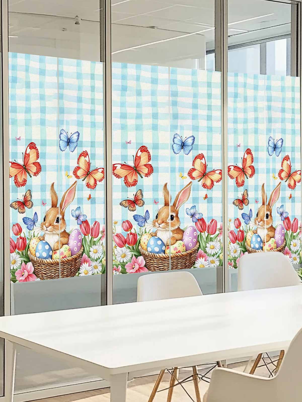 Easter Rabbit Window Privacy Film, Easter Egg Frosted Glass Window Clings Static Cling UV Heat Blocking Reusable Door Sticker for Bathroom 23.6 x 59 Inch