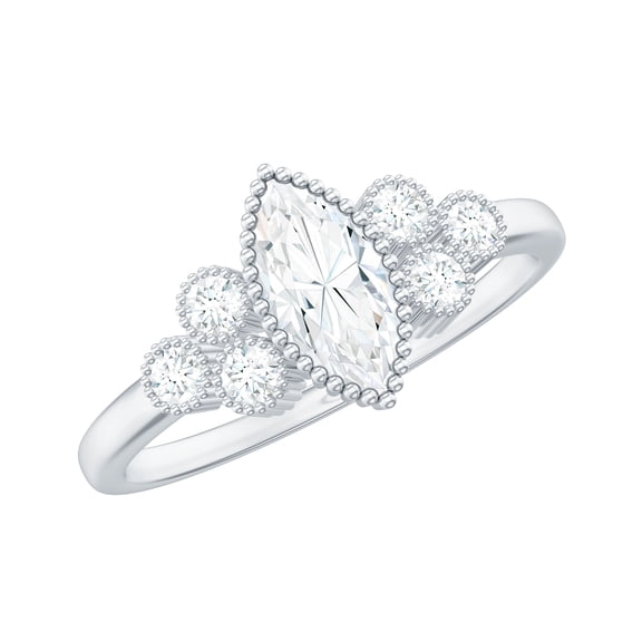 Rosec Jewels Certified Moissanite Marquise Engagement Ring - 4X8 mm Moissanite Ring with Beaded Detailing - D-VS1 Grade, 925 Sterling Silver, US 4.00