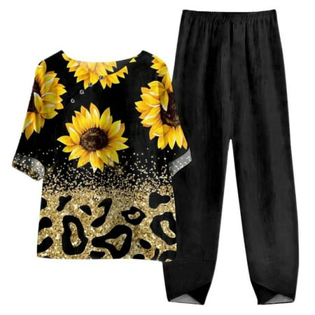 Summer Savings Clearance! Ecqkame Casual Outfits for Women 2 Piece Printed Short Sleeve Sweatshirts Long Loose Activewear Sets Black XL