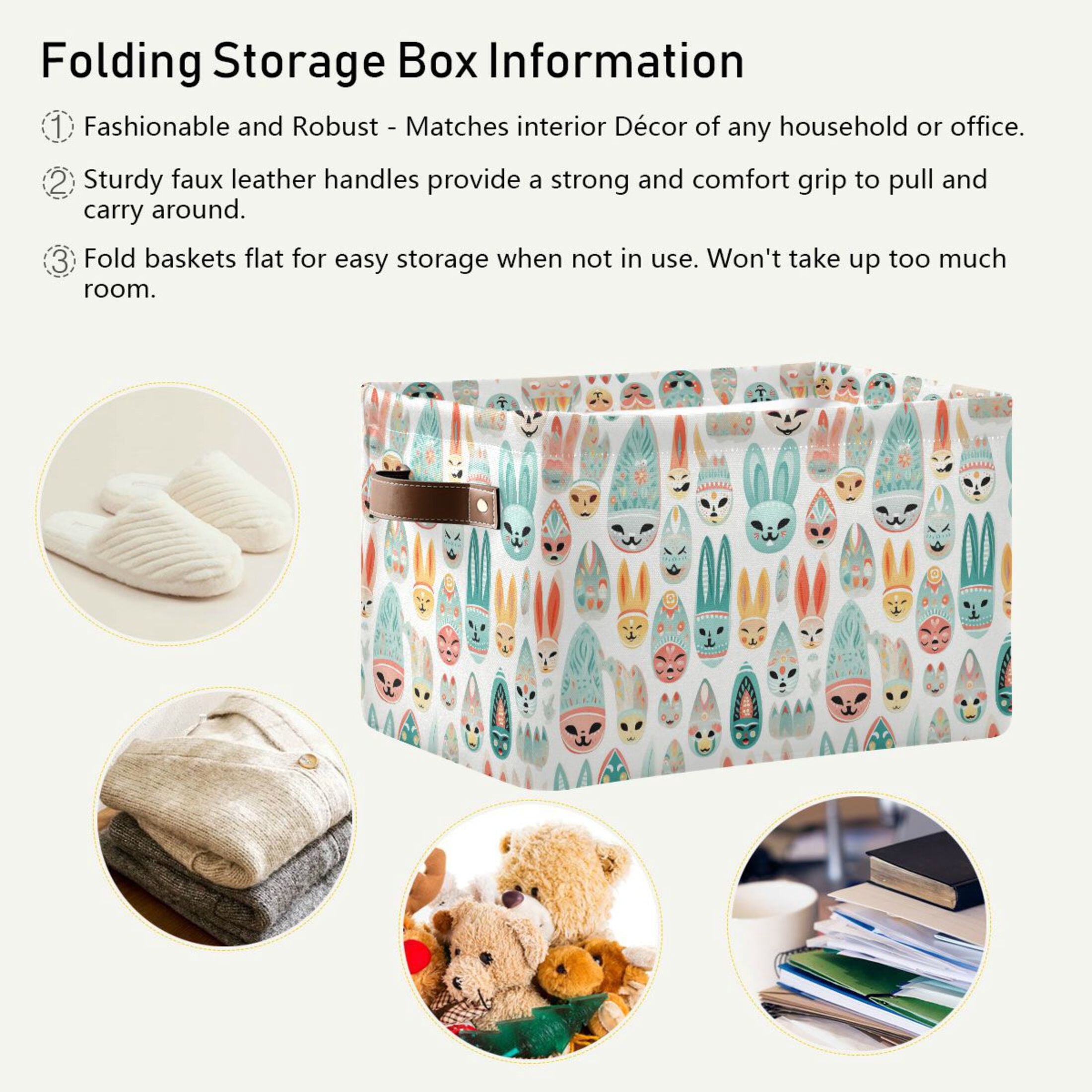 Easter Mask Storage Bins with Handle Fabric Organizer Basket Foldable Box 2 Pack 14.2x10.2x8.3