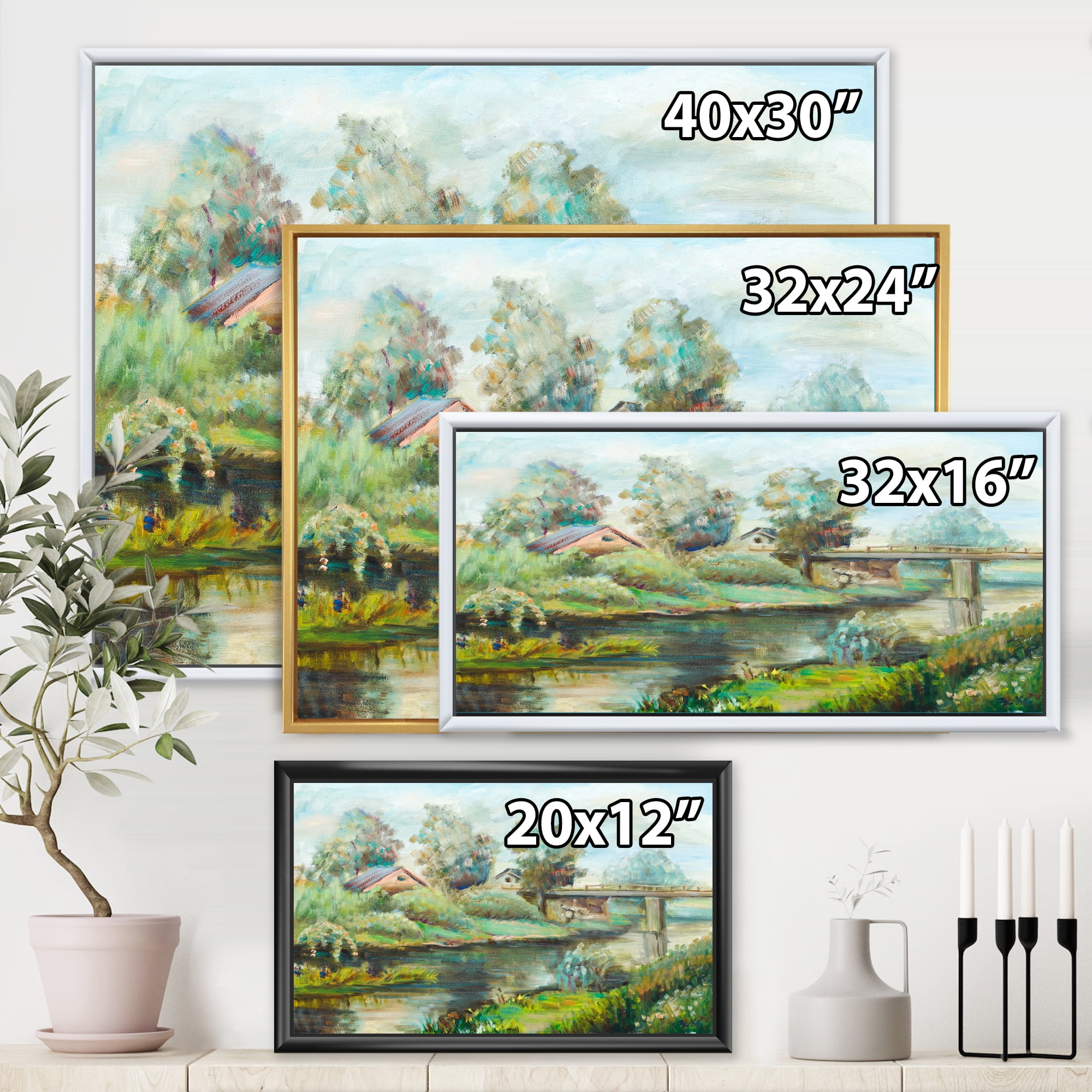 Designart 'Rustic Landscape With Bridge On The River' Lake House Framed Canvas Wall Art Print