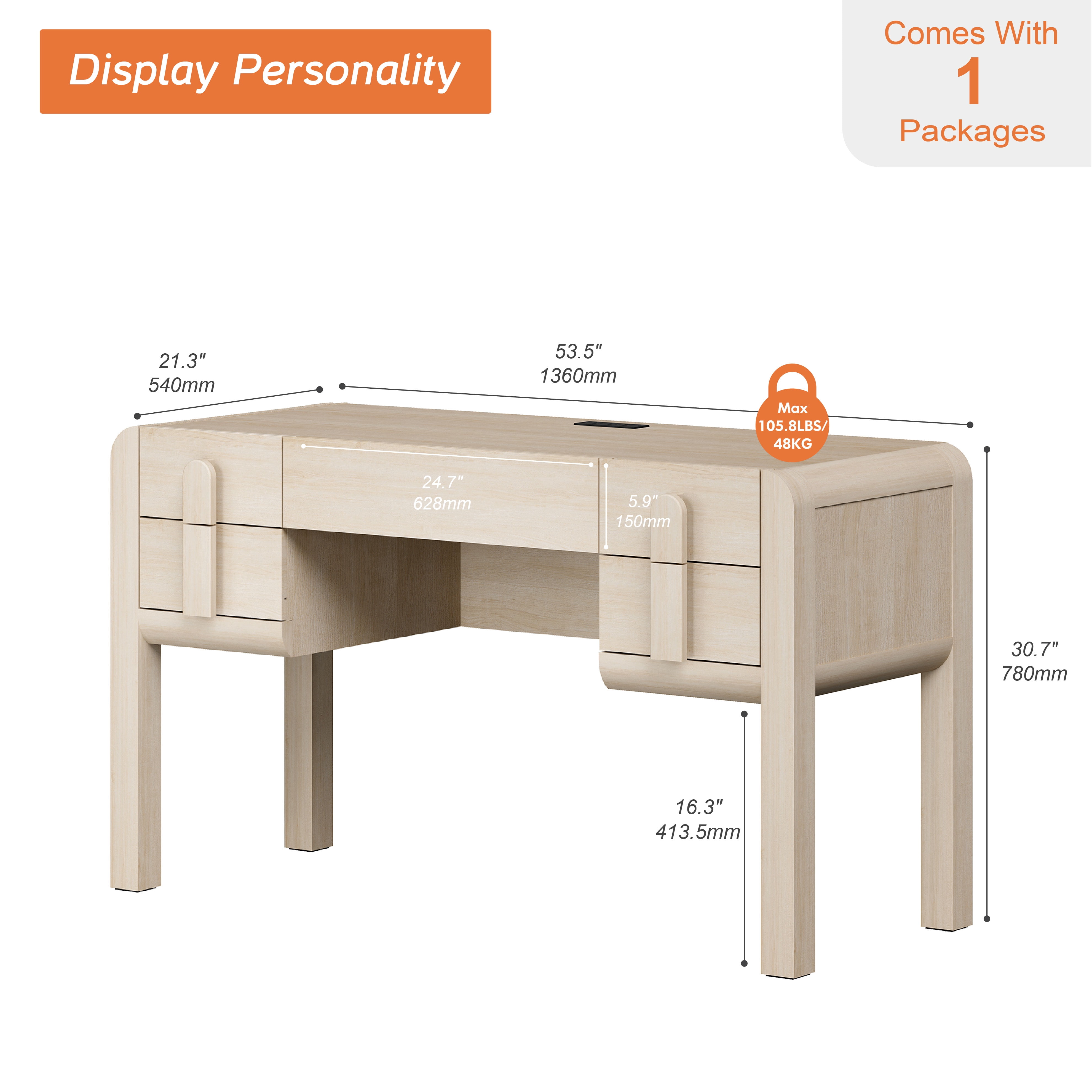 53.5"W Mid-century Modern Executive Desk with 5 Drawers , Home Office Desk With Charging Station，Wood Computer Desk With Curved Profile Design，Standing Desk For Business Furniture Set Workstation