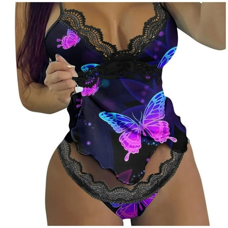 

Meitianfacai Deals Shapewear Women Fashion Casual Sleepwear Set Print Home Lace Tracksuit Camis + Briefs Suit