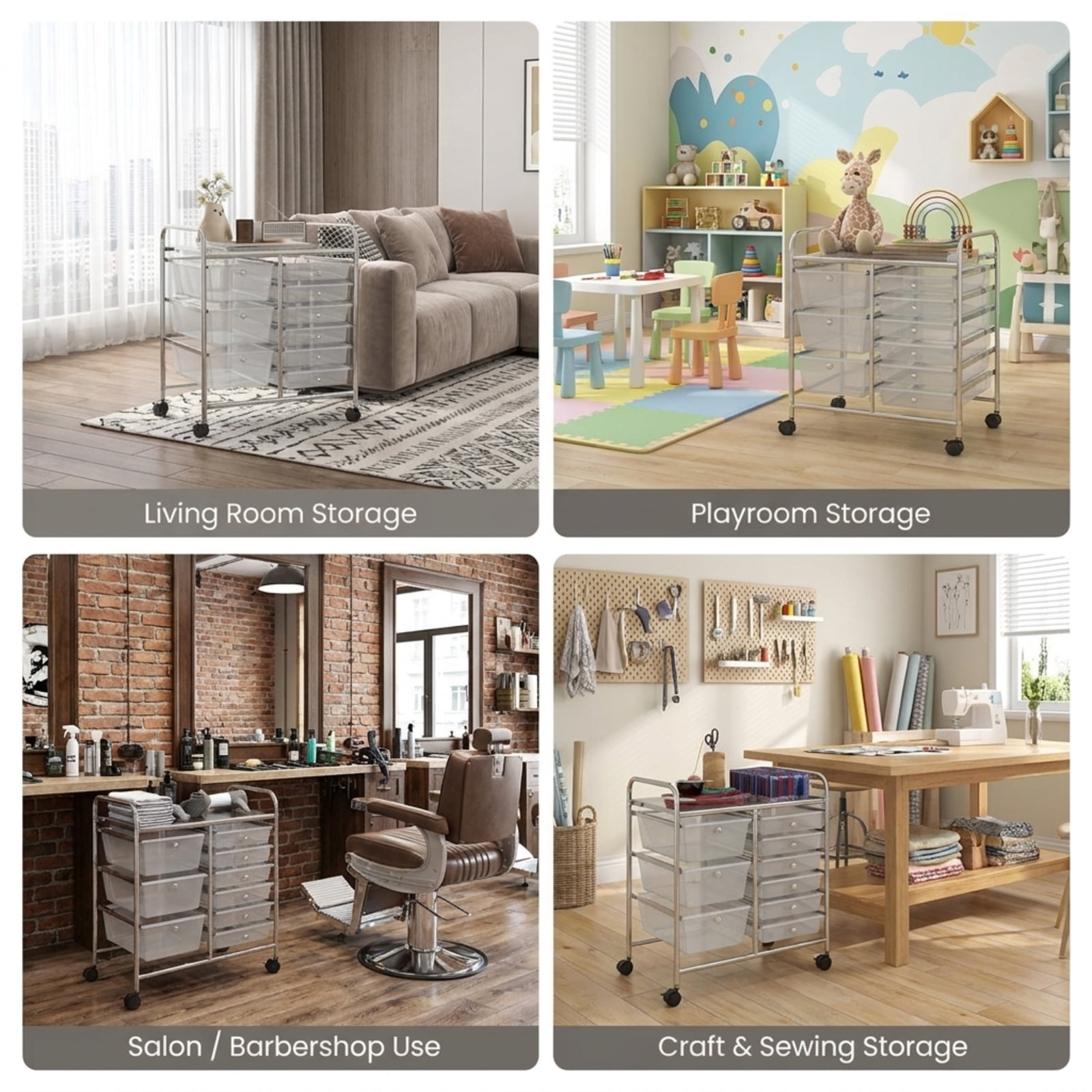 Furnibear 9-Drawer Rolling Storage Cart with Colorful Drawers and Metal Frame Multi Organizer for Home Office Craft Room Classroom, Transparent