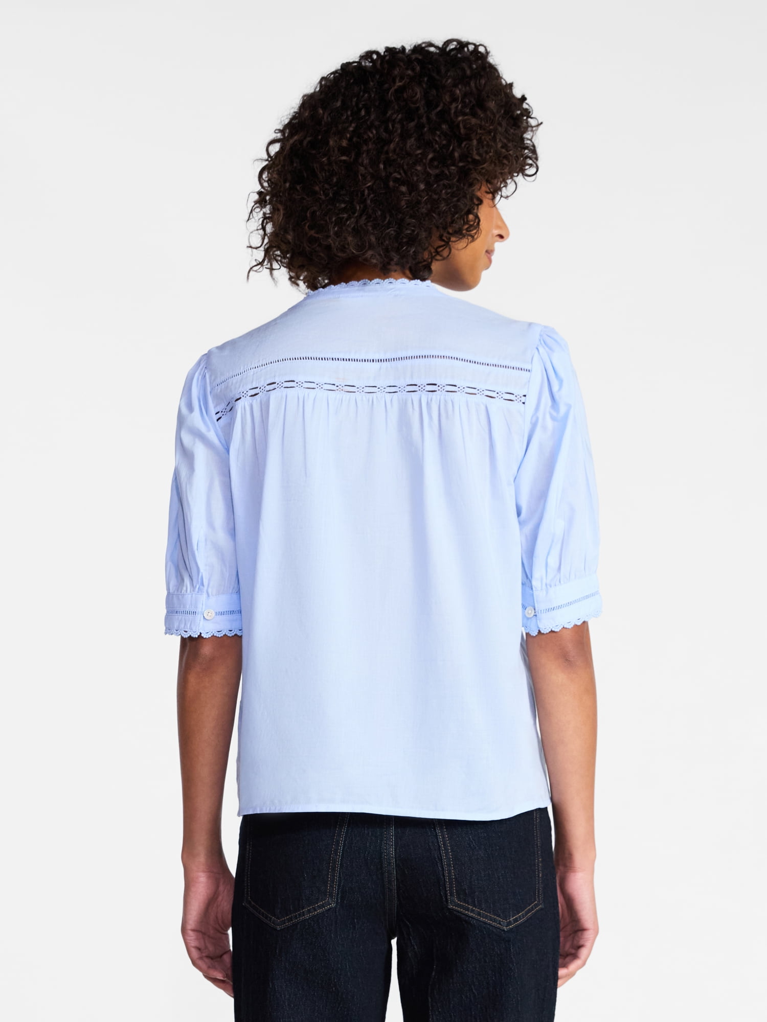Time and Tru Women's and Women's Plus Cotton Lace Inset Blouse with Elbow Length Sleeves, Sizes XS-4X