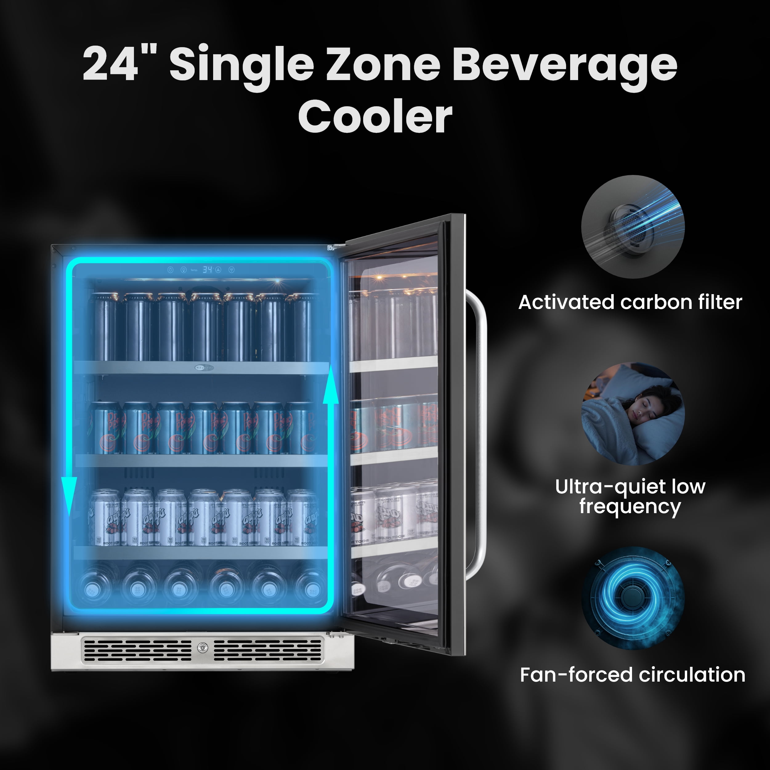 Whynter Beverage Refrigerator: 24 inch 140 Cans 34-54 °F Drink Fridge Glass Door, Built in or Freestanding for Bedroom/Office