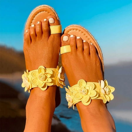 

absuyy Women s Slide Sandals- New Style Casual Beach Flip-flops Ankle Strap Toe Ring Open Toe Summer Flat Slide Sandals #148 Yellow-6.5-7