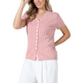 thumbnail image 4 of INSPIRE CHIC Eyelet Tops for Women's Summer V Neck Short Sleeve Knit Button Down Shirts S Pink, 4 of 6